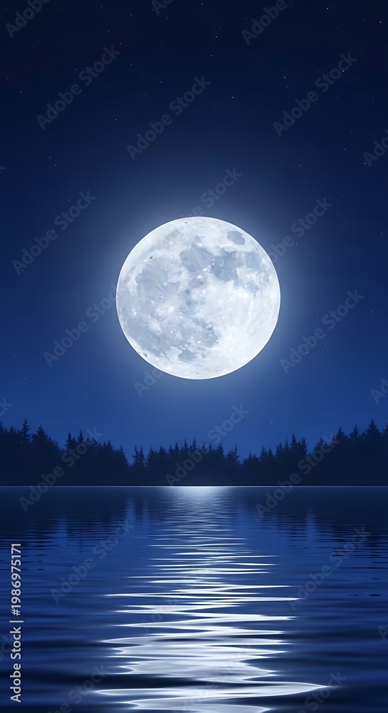 Fototapeta premium Full moon shining over calm water.