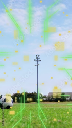 HUD overlay fading and peaking player running and jumping kick sending soccer ball for sports tech