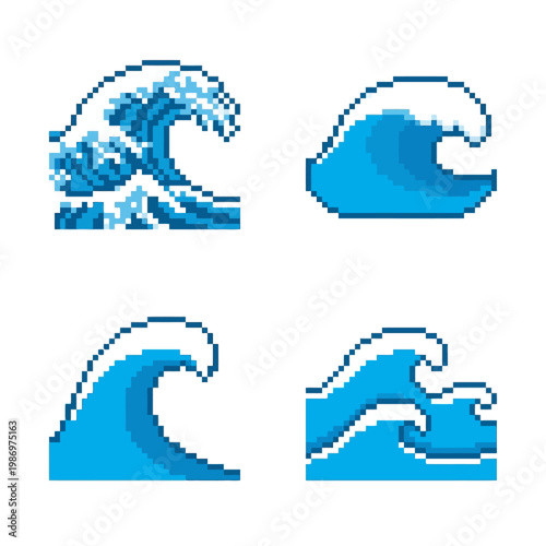 Vibrant pixel art ocean waves set, featuring diverse blue digital sprites perfect for retro game design and captivating digital craft projects, illustrating dynamic sea motion