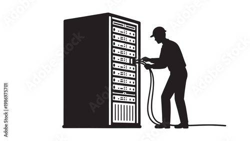 Professional IT technician performing server maintenance and cable management in data center
