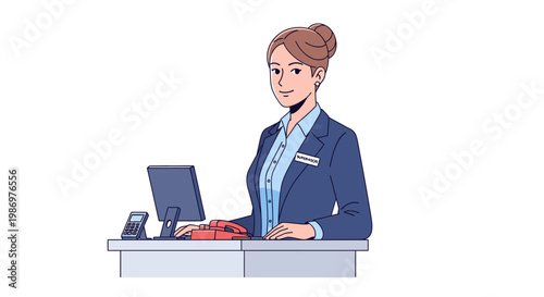 Hotel Receptionist at Front Desk with Computer and POS Terminal