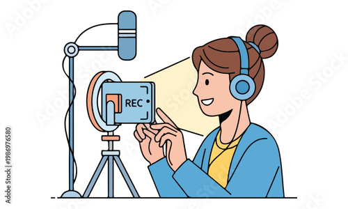 Woman Recording Video Content with Smartphone and Microphone