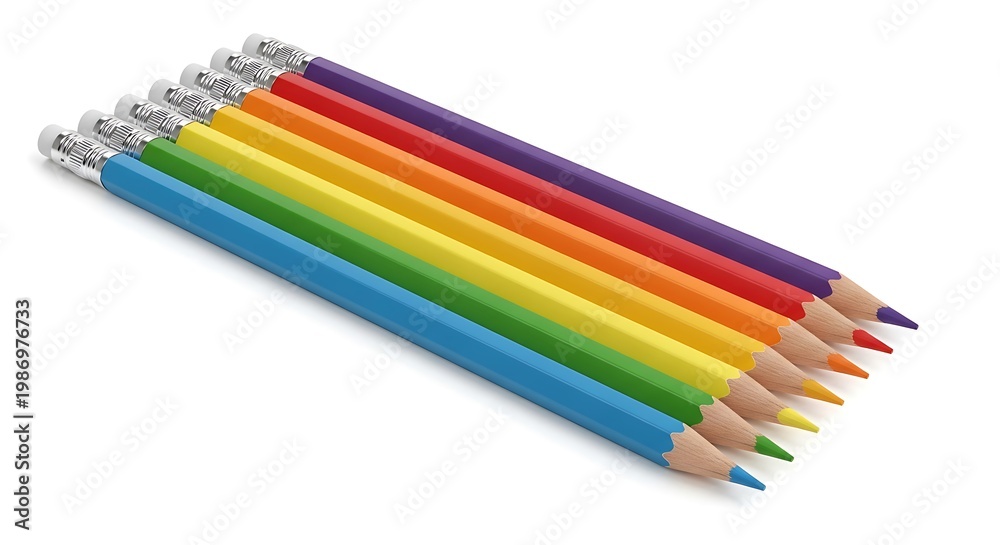Fototapeta premium A collection of colorful pencils arranged in a rainbow gradient pattern isolated on white background