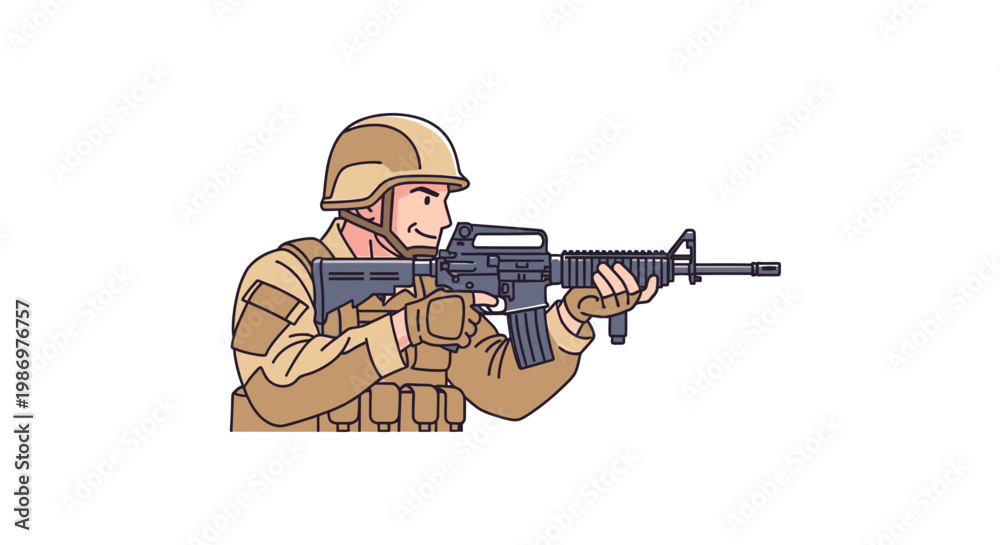 Obraz premium Soldier Aiming Assault Rifle in Desert Tan Uniform Vector