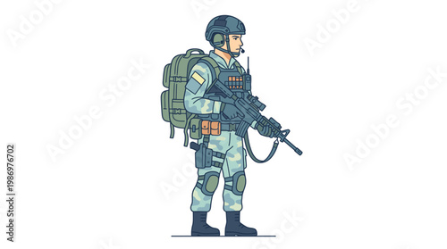 Soldier in Tactical Combat Gear Holding Assault Rifle Illustration