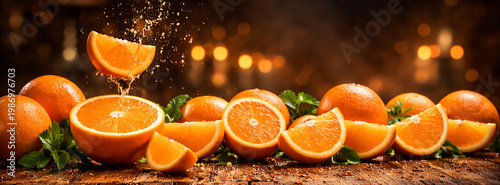Deretan buah jeruk segar di atas meja kayu dengan percikan air dan pencahayaan hangat bokeh estetis realistis