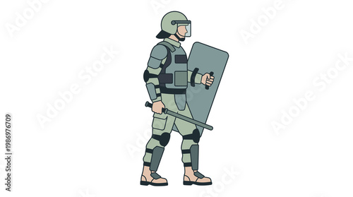 Riot control police officer in full tactical gear with shield