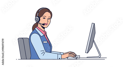 Call center agent woman working at office desk with computer