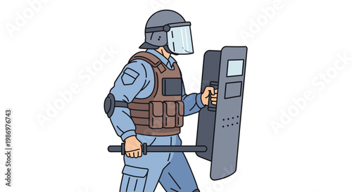 Riot Police Officer Holding Shield and Baton Illustration