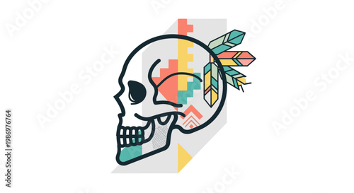 Human Skull Profile with Tribal Feathers and Geometric Patterns