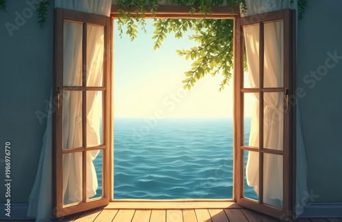 Open wooden window frames view of ocean sea waves. Sunlight shines on calm water horizon. Green leaves hang above the sill. White curtains drape softly.
