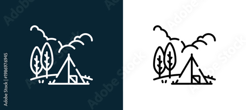 Black and white camping tent line icon pair, editable stroke vector illustration for web, mobile apps, UI design, branding, and print from Picnic