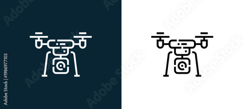 Black and white drone line icon pair, editable stroke vector illustration for web, mobile apps, UI design, branding, and print from Videoblogger