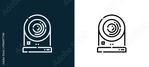 Black and white webcam line icon pair, editable stroke vector illustration for web, mobile apps, UI design, branding, and print from Videoblogger