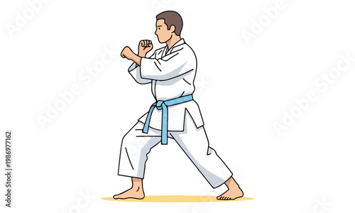 Karate man in blue belt fighting stance illustration