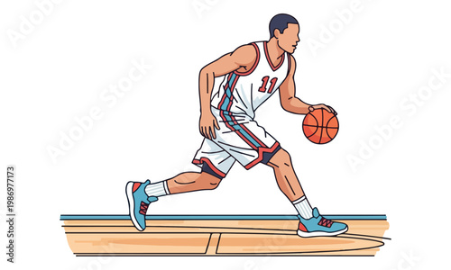 Basketball Player Dribbling Ball on Court Vector Illustration