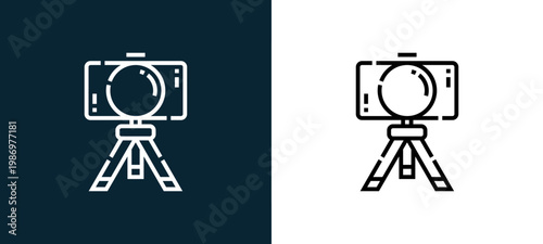 Black and white camera line icon pair, editable stroke vector illustration for web, mobile apps, UI design, branding, and print from Videoblogger