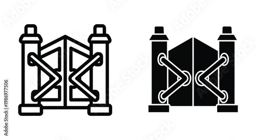 Set of gate icons, entrance gate with pillars, vector illustration in outline and solid style
