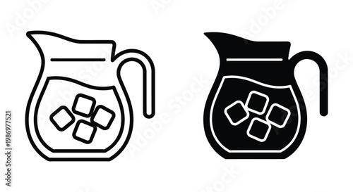Pitcher of iced tea or lemonade icon set, vector illustration of a glass jug filled with liquid and ice cubes