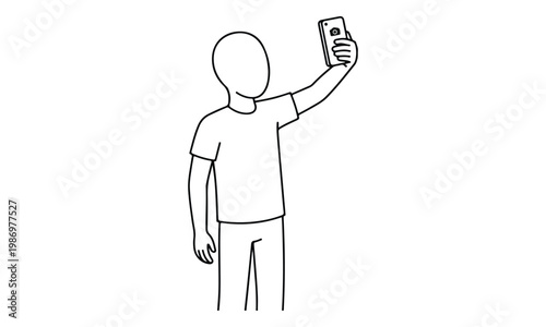 Person taking selfie with smartphone line art illustration