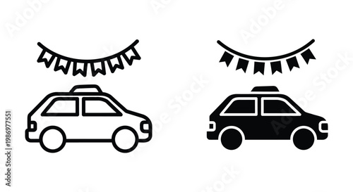 Car with bunting flags icon set, festive vehicle decoration, celebration and party concept, vector illustration