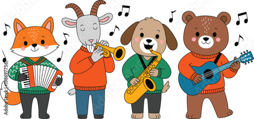 Cute animal band illustration with fox goat dog and bear playing musical instruments including accordion trumpet saxophone and guitar vector.. 