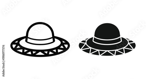 Set of sun hat icons, outline and silhouette style, summer headwear for beach and vacation, vector illustration