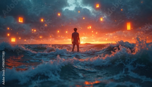 Silhouette person stands in turbulent ocean waves, fiery sky above with floating orange lights. Dramatic nature scene with powerful water motion and glowing sky.