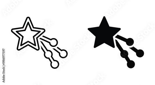 Set of shooting star icons, simple star with trail of circles, vector illustration isolated on white background