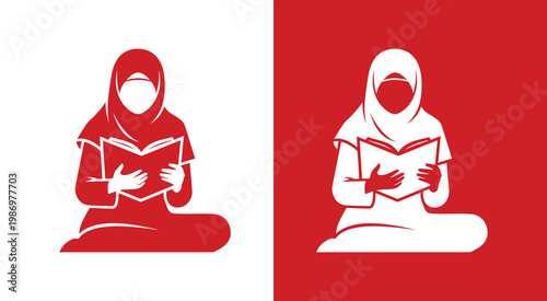 Woman in hijab reading a book icon for education and literacy concept.