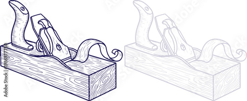 Wood Plane Tool cutting wooden block with shavings, line art vector illustration