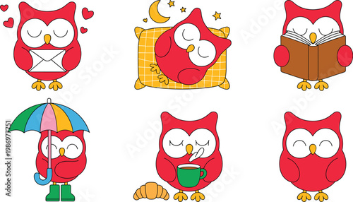 Cute red owl cartoon characters set sleeping on pillow reading book holding umbrella and drinking coffee vector illustration.
