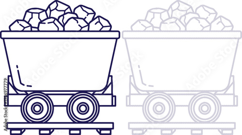 Φωτογραφία Coal Mine Cart filled with Rocks on Rails, Outline Vector Illustration