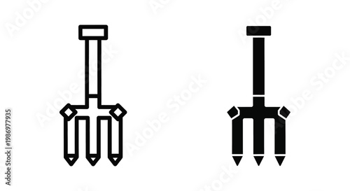 Garden pitchfork icon, agricultural tool for digging and soil cultivation, farming equipment silhouette and outline