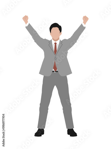 ガッツポーズをした若いスーツ姿のビジネスパーソン 男性 万歳 白背景 ベクター 成功