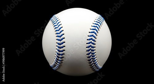 Isolated white baseball with blue stitching, set against a stark black background