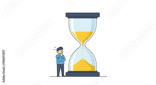 A contemplative man in a blue shirt stands thoughtfully beside a massive glass hourglass filled with golden sand against a minimalist white background.