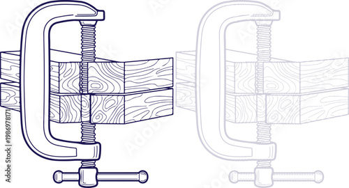 C-Clamp holding wooden planks together, line art illustration on white background