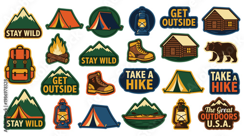 Set of adventure camping stickers with mountains tent backpack and hiking boots.