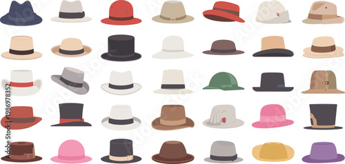 Large collection of classic hats including fedoras trilbies bowlers and sun hats for fashion design headwear icons and apparel accessories.