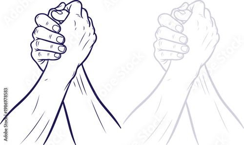 Arm Wrestling Hands Clenched in Competition isolated on white, line art sketch style