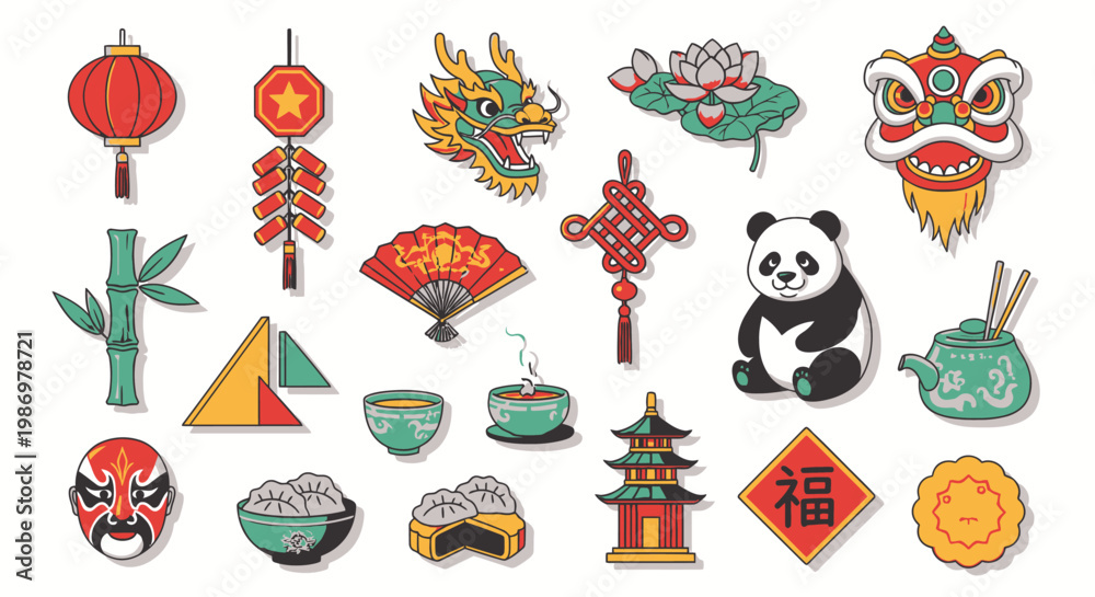 Fototapeta premium Chinese culture vector illustration lanterns dragon panda and symbols