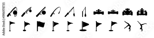 Set of Golf Flags and Course Marker Silhouettes - Collection of black silhouettes featuring golf flags, course markers, and swing icons, ideal for golf sport, tournaments, and outdoor recreation conce