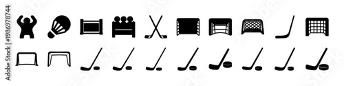 Set of Hockey Equipment and Sports Silhouettes - Collection of black silhouettes featuring hockey sticks, goals, and sports elements, ideal for ice hockey, athletics, and recreational activity concept