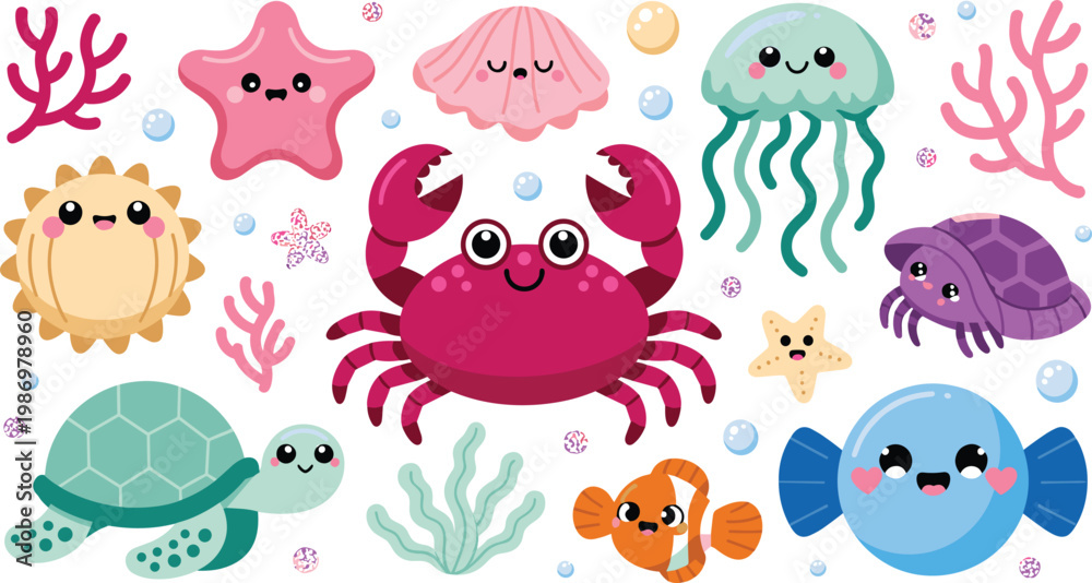 Fototapeta premium : Cute Kawaii Ocean Sea Creature Character Set with Crab, Turtle, Jellyfish, Starfish, and Fish for Kids and Sticker Designs