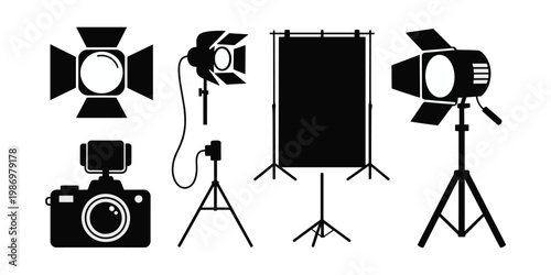 Studio lighting equipment silhouette cameras lights and reflectors for photography