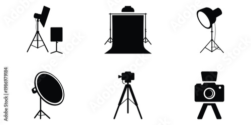 Studio lighting equipment silhouette collection cameras lights and stands