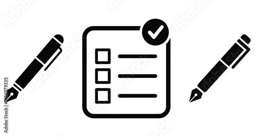 Checklist and pen icons for task management organization and survey completion.