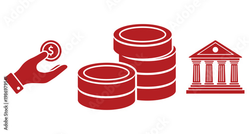 Money coins and bank building icons for investment savings and financial banking.
