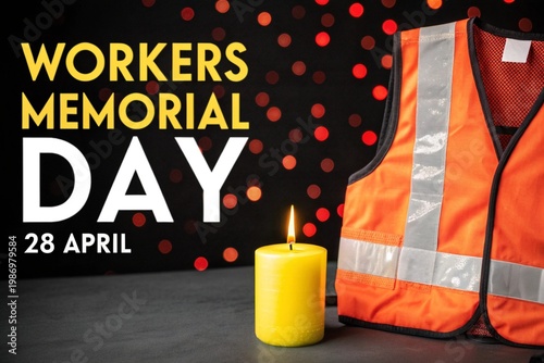 Workers memorial day, observed annually on april 28th, is solemnly recognized and profoundly commemorated with a poignant display featuring a vibrant orange high-visibility safety vest and a softly gl